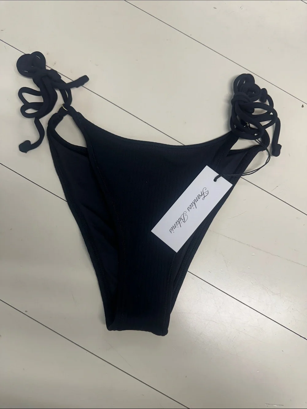 Frankie's Bikinis Black Ribbed Tie-Side Bikini Bottom